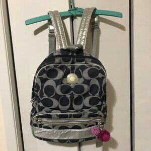Coach Signature Denim & Silver Stripe Poppy Backpack F19691 Bookbag